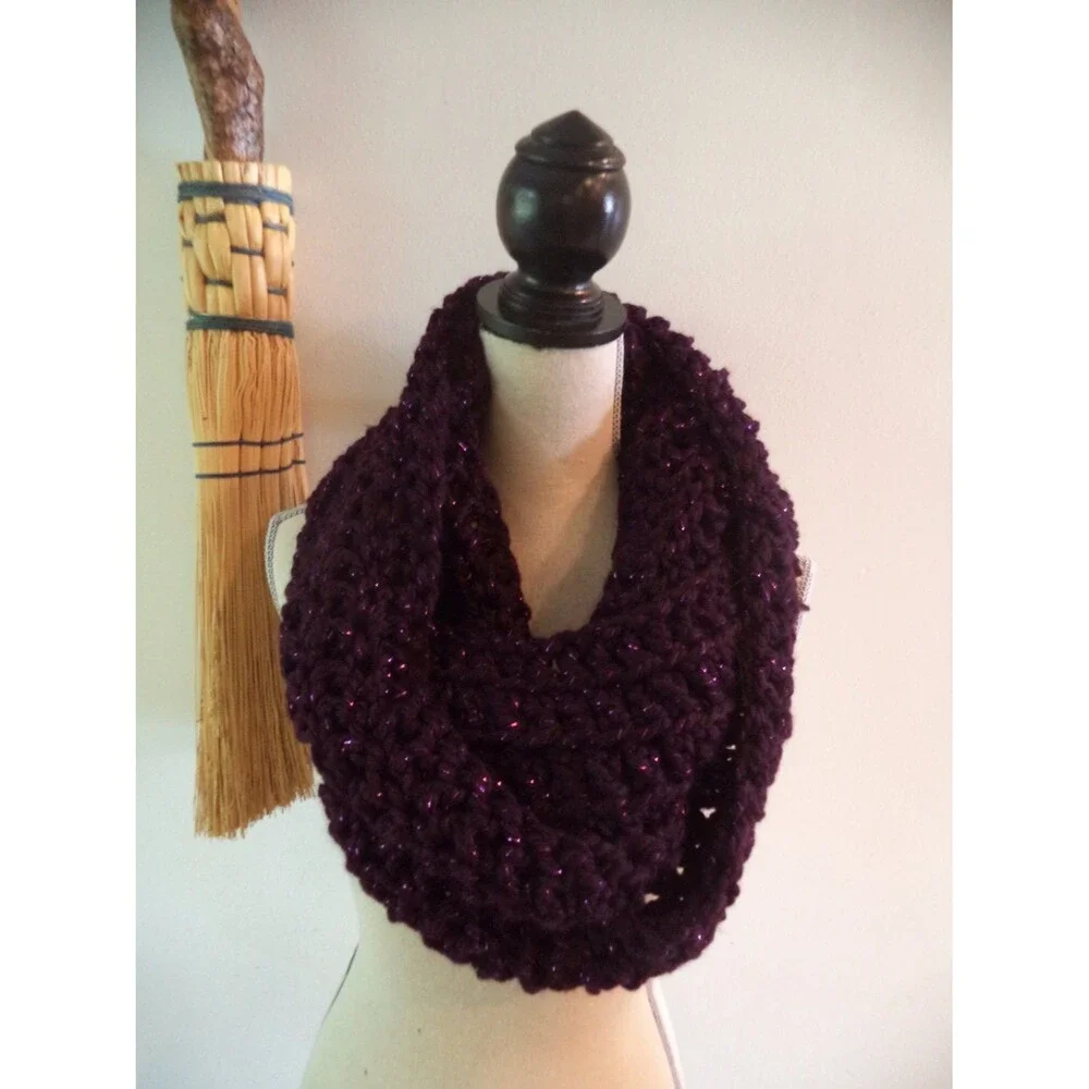 Purple, eggplant infinity scarf with sparkles, hand made. wool
